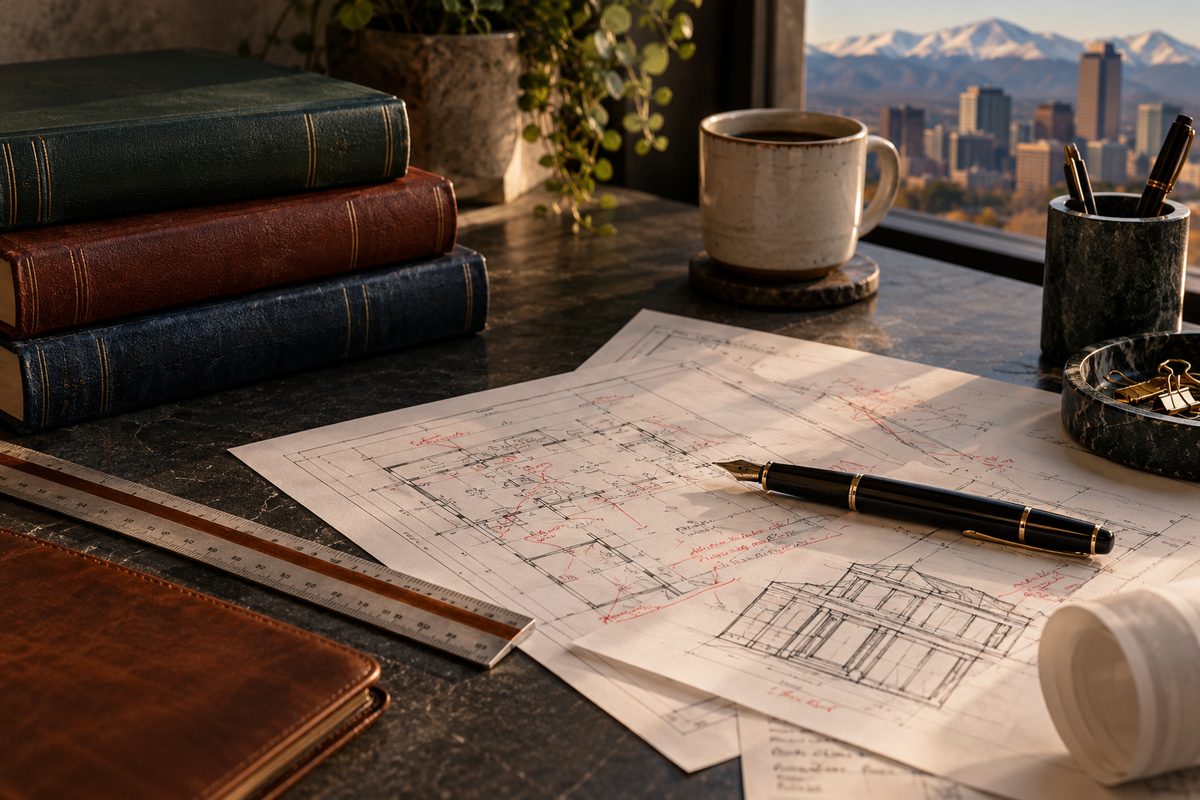 Printed reference drafting folios and verified manuscript proofs on an editorial review desk.
