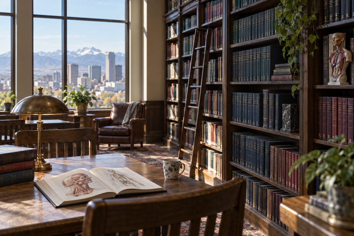 Quiet reference library shelves with bound medical reference compendia.